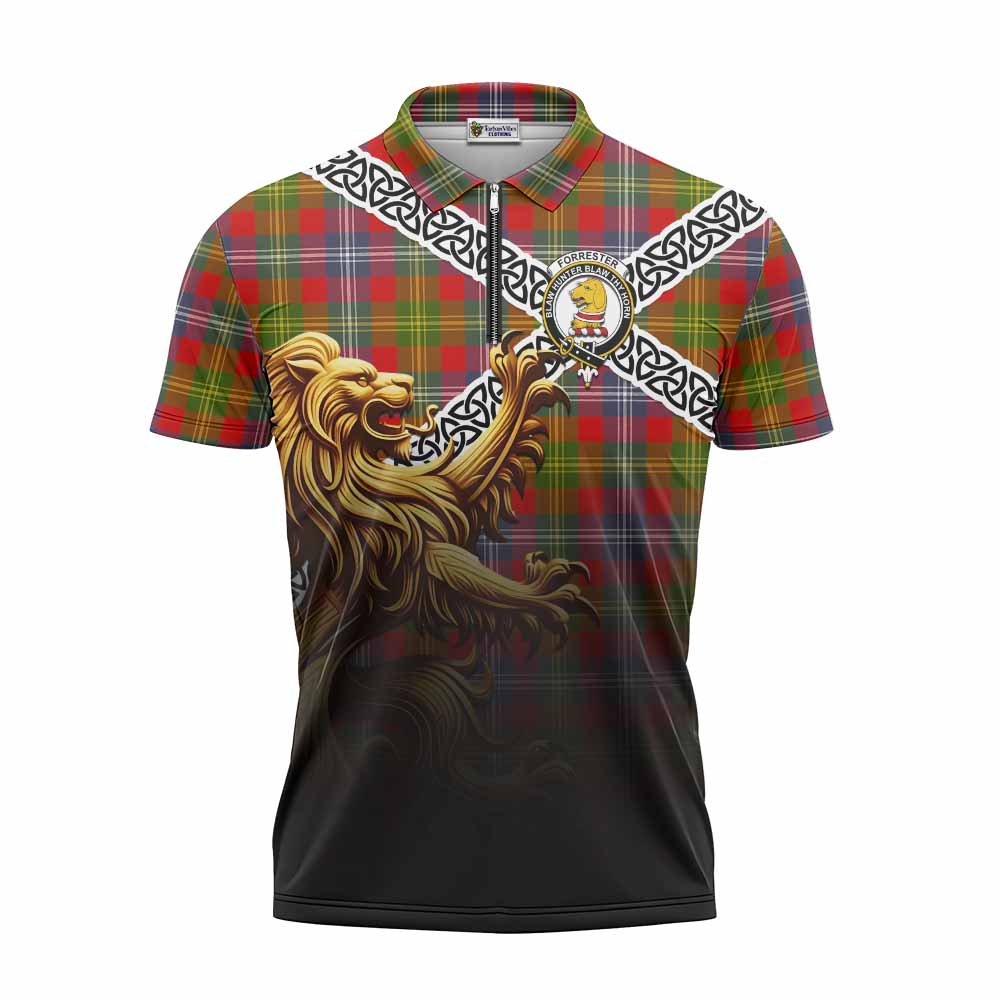 Tartan Vibes Clothing Forrester (Foster) Crest Tartan Zipper Polo Shirt with Golden Lion Emblem Celtic Style