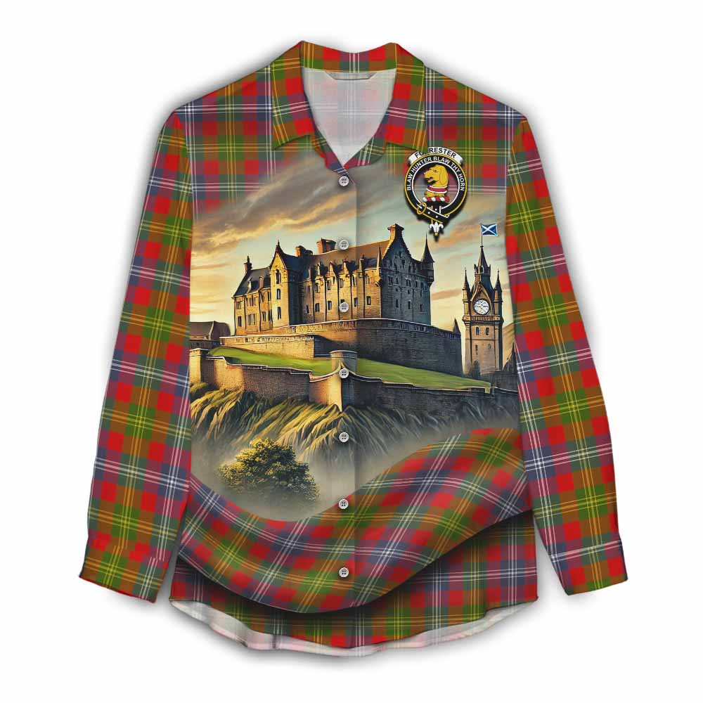Tartan Vibes Clothing Forrester (Foster) Tartan Family Crest Women's Casual Shirt with Scottish Ancient Castle Style