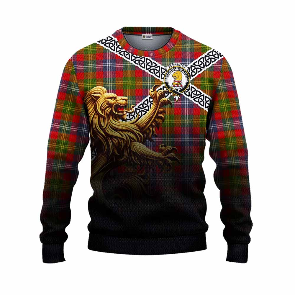 Tartan Vibes Clothing Forrester (Foster) Crest Tartan Knitted Sweater with Golden Lion Emblem Celtic Style