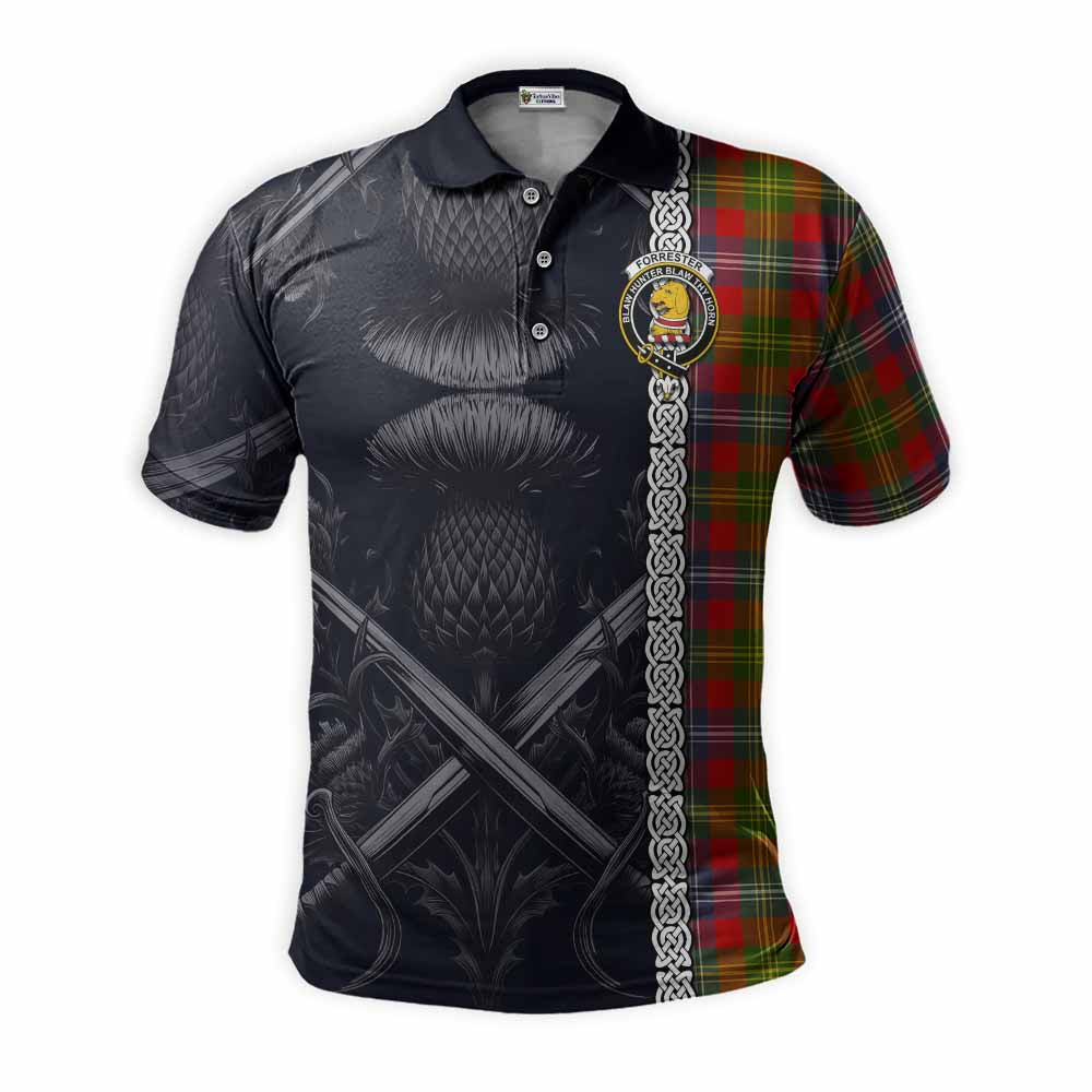 Tartan Vibes Clothing Forrester (Foster) Tartan Polo Shirt with Family Crest Cross Sword Thistle Celtic Vibes