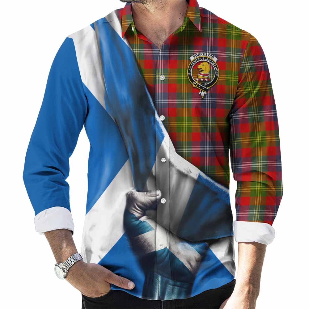 Tartan Vibes Clothing Forrester (Foster) Tartan Long Sleeve Button Shirt with Family Crest Scotland Patriotic Style