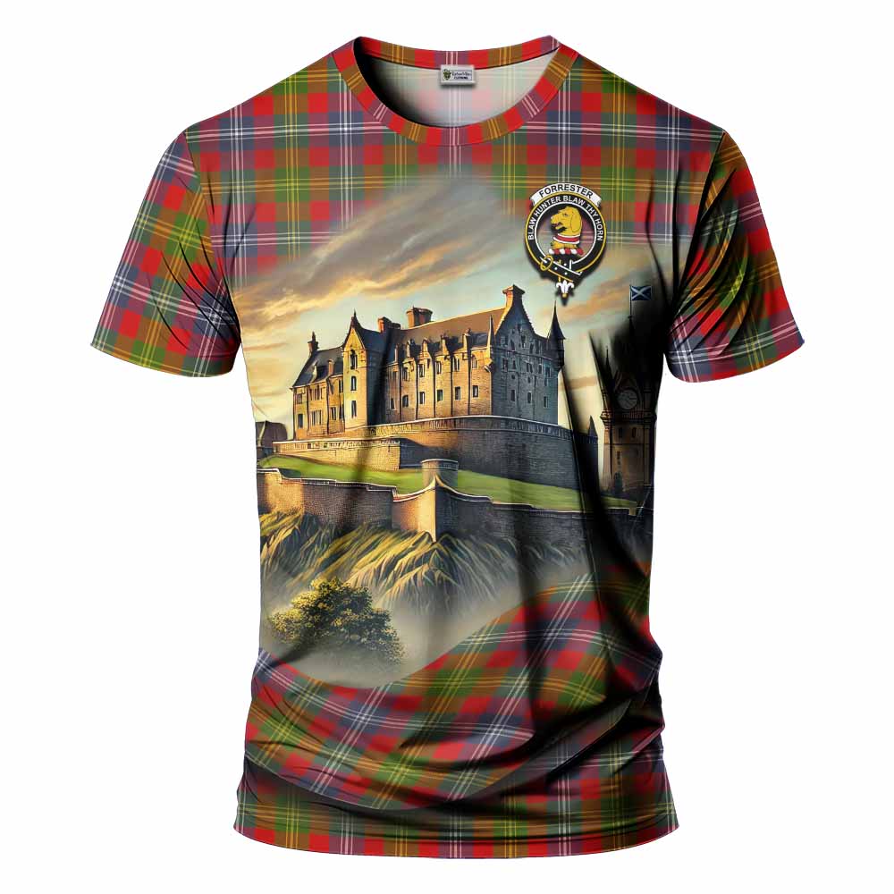 Tartan Vibes Clothing Forrester (Foster) Tartan Family Crest T-Shirt with Scottish Ancient Castle Stype