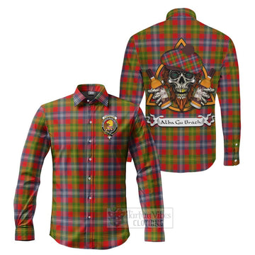 Tartan Vibes Clothing Forrester (Foster) Tartan Long Sleeve Button Shirt with Family Crest and Bearded Skull Holding Bottles of Whiskey