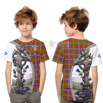Tartan Vibes Clothing Forrester (Foster) Tartan Kid T-Shirt with Family Crest and St. Andrew's Cross Accented by Thistle Vines