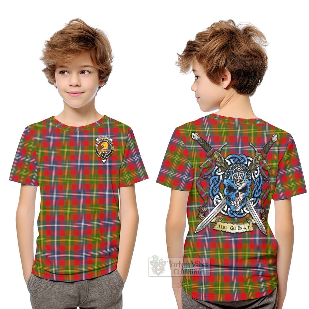 Tartan Vibes Clothing Forrester (Foster) Tartan Kid T-Shirt with Family Crest Celtic Skull Style