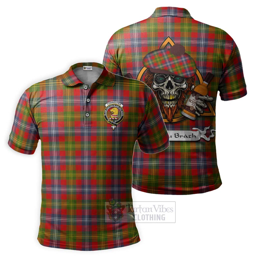 Tartan Vibes Clothing Forrester (Foster) Tartan Polo Shirt with Family Crest and Bearded Skull Holding Bottles of Whiskey