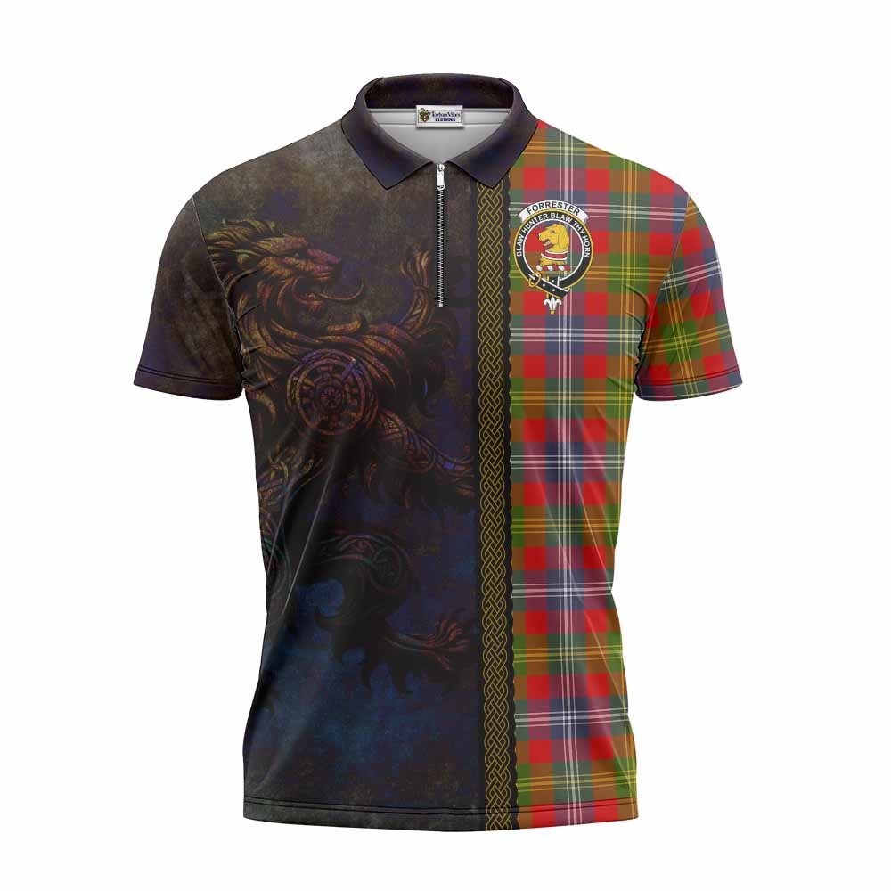 Tartan Vibes Clothing Forrester (Foster) Tartan Family Crest Zipper Polo Shirt Alba Gu Brath Be Brave Lion Ancient Style