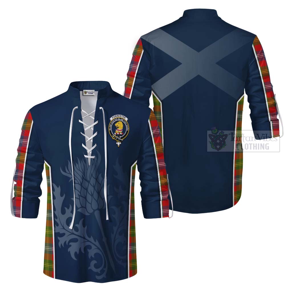 Tartan Vibes Clothing Forrester (Foster) Tartan Ghillie Kilt Shirt with Family Crest and Scottish Thistle Vibes Sport Style
