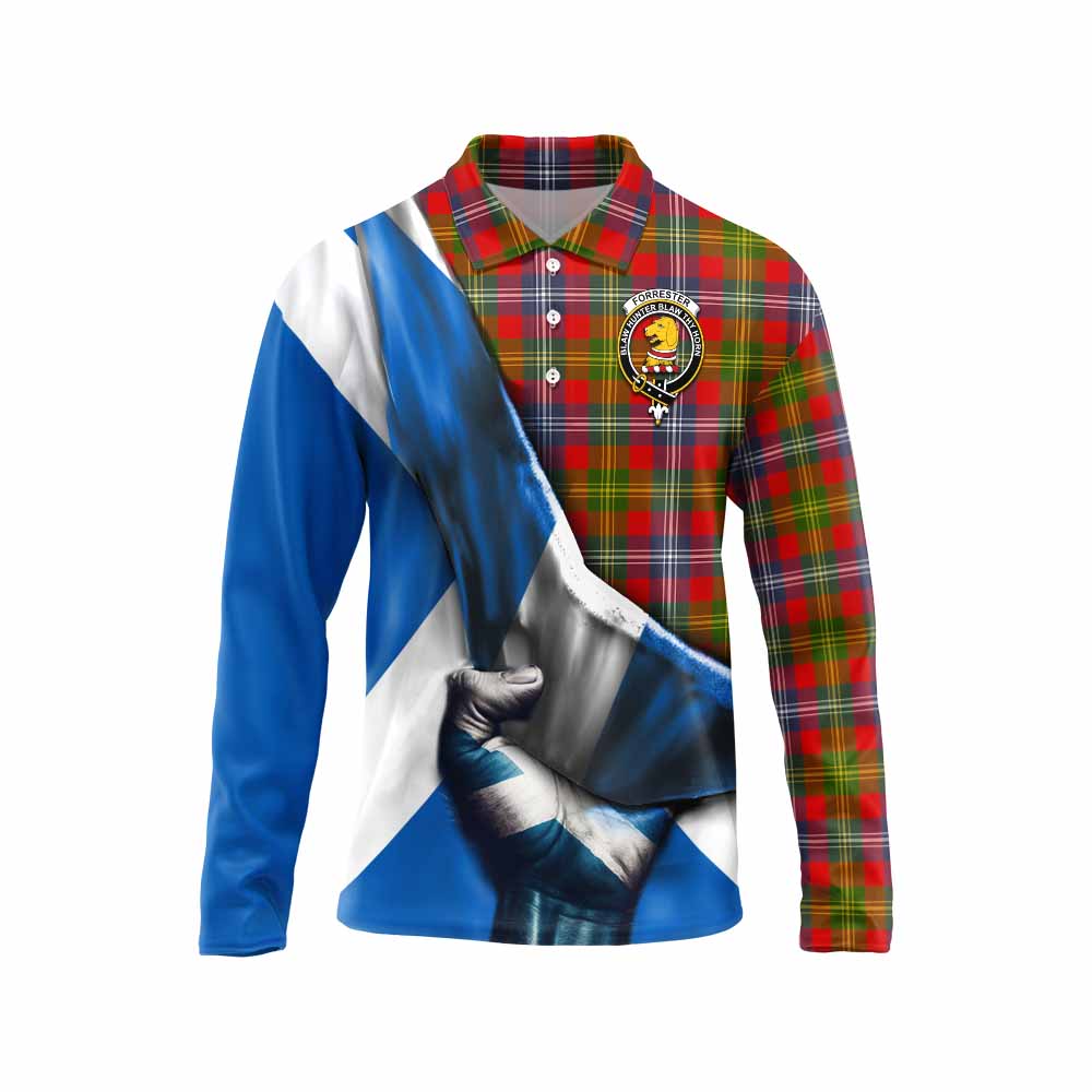 Tartan Vibes Clothing Forrester (Foster) Tartan Long Sleeve Polo Shirt with Family Crest Scotland Patriotic Style