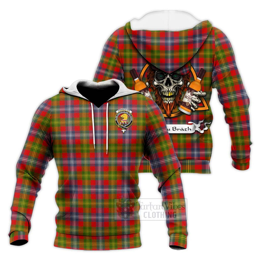 Tartan Vibes Clothing Forrester (Foster) Tartan Knitted Hoodie with Family Crest and Bearded Skull Holding Bottles of Whiskey
