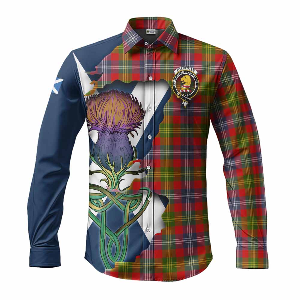 Tartan Vibes Clothing Forrester (Foster) Tartan Family Crest Long Sleeve Button Shirt Scottish Thistle Celtic Inspired