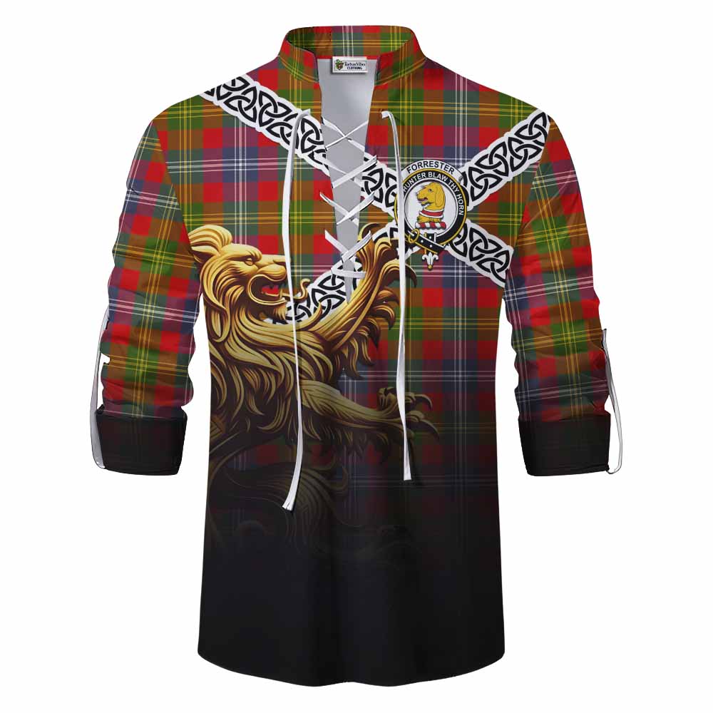 Tartan Vibes Clothing Forrester (Foster) Crest Tartan Ghillie Kilt Shirt with Golden Lion Emblem Celtic Style