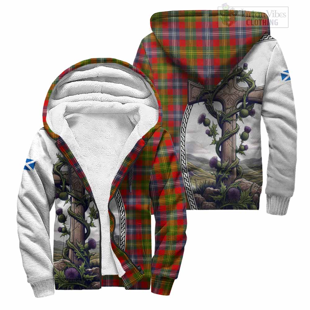 Tartan Vibes Clothing Forrester (Foster) Tartan Sherpa Hoodie with Family Crest and St. Andrew's Cross Accented by Thistle Vines