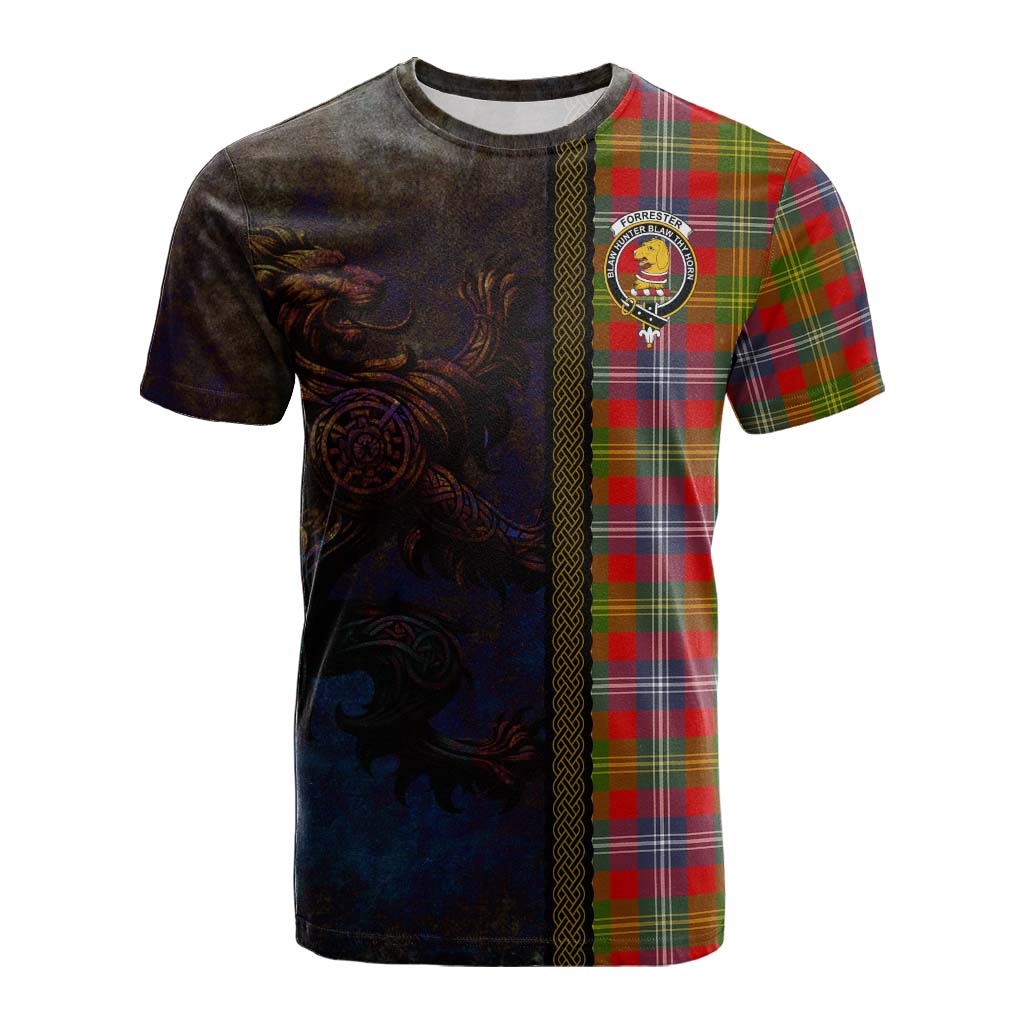 Tartan Vibes Clothing Forrester (Foster) Tartan Family Crest Cotton T-shirt Alba Gu Brath Be Brave Lion Ancient Style
