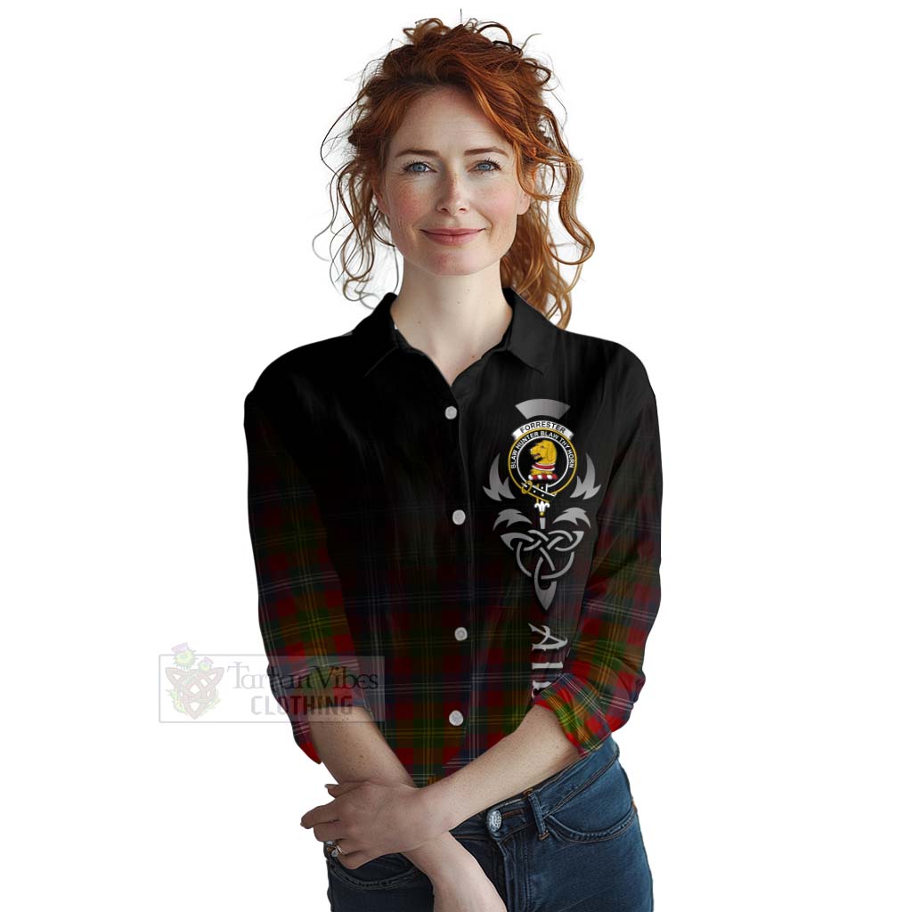 Tartan Vibes Clothing Forrester (Foster) Tartan Women's Casual Shirt Featuring Alba Gu Brath Family Crest Celtic Inspired