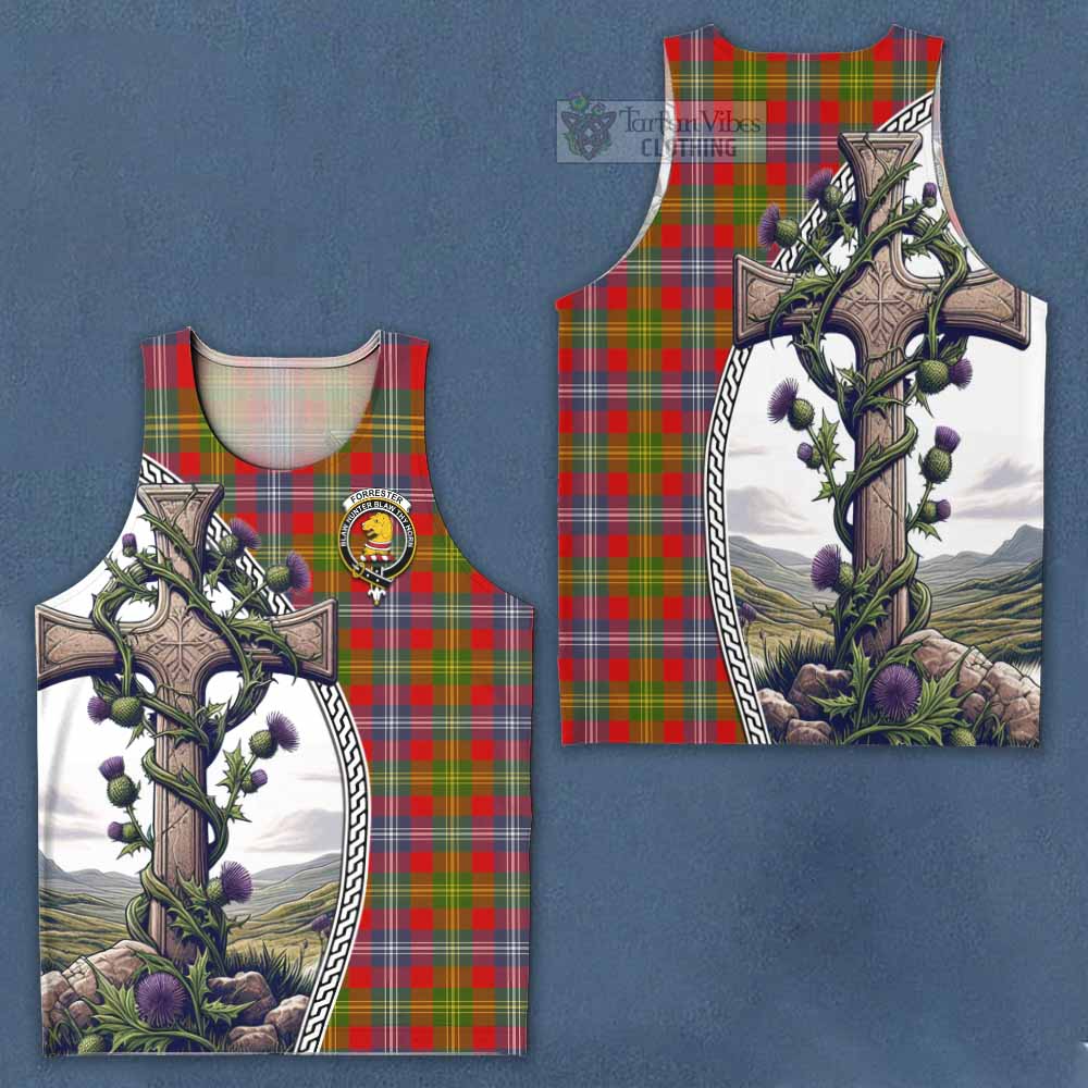 Tartan Vibes Clothing Forrester (Foster) Tartan Men's Tank Top with Family Crest and St. Andrew's Cross Accented by Thistle Vines