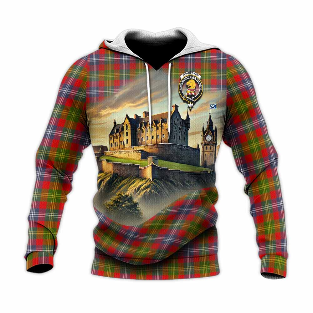 Tartan Vibes Clothing Forrester (Foster) Tartan Family Crest Knitted Hoodie with Scottish Ancient Castle Style