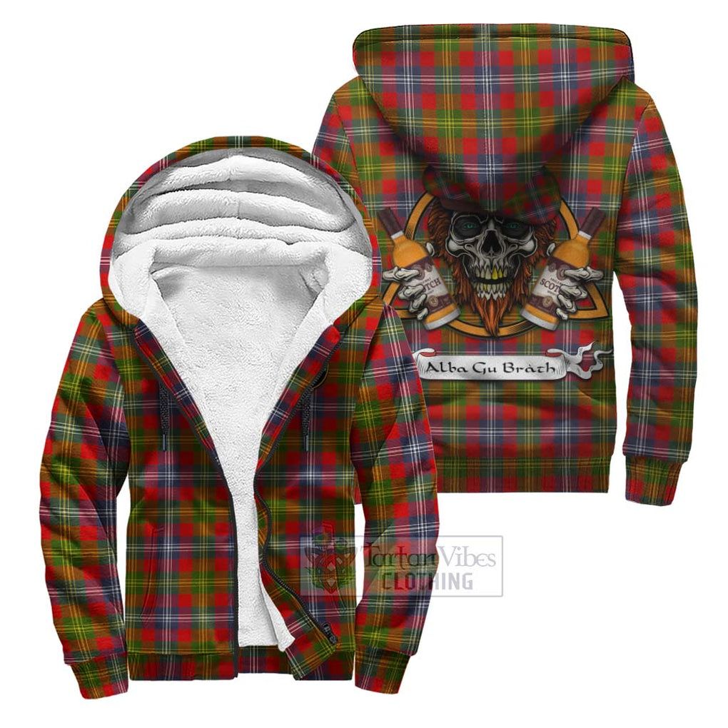 Tartan Vibes Clothing Forrester (Foster) Tartan Sherpa Hoodie with Family Crest and Bearded Skull Holding Bottles of Whiskey