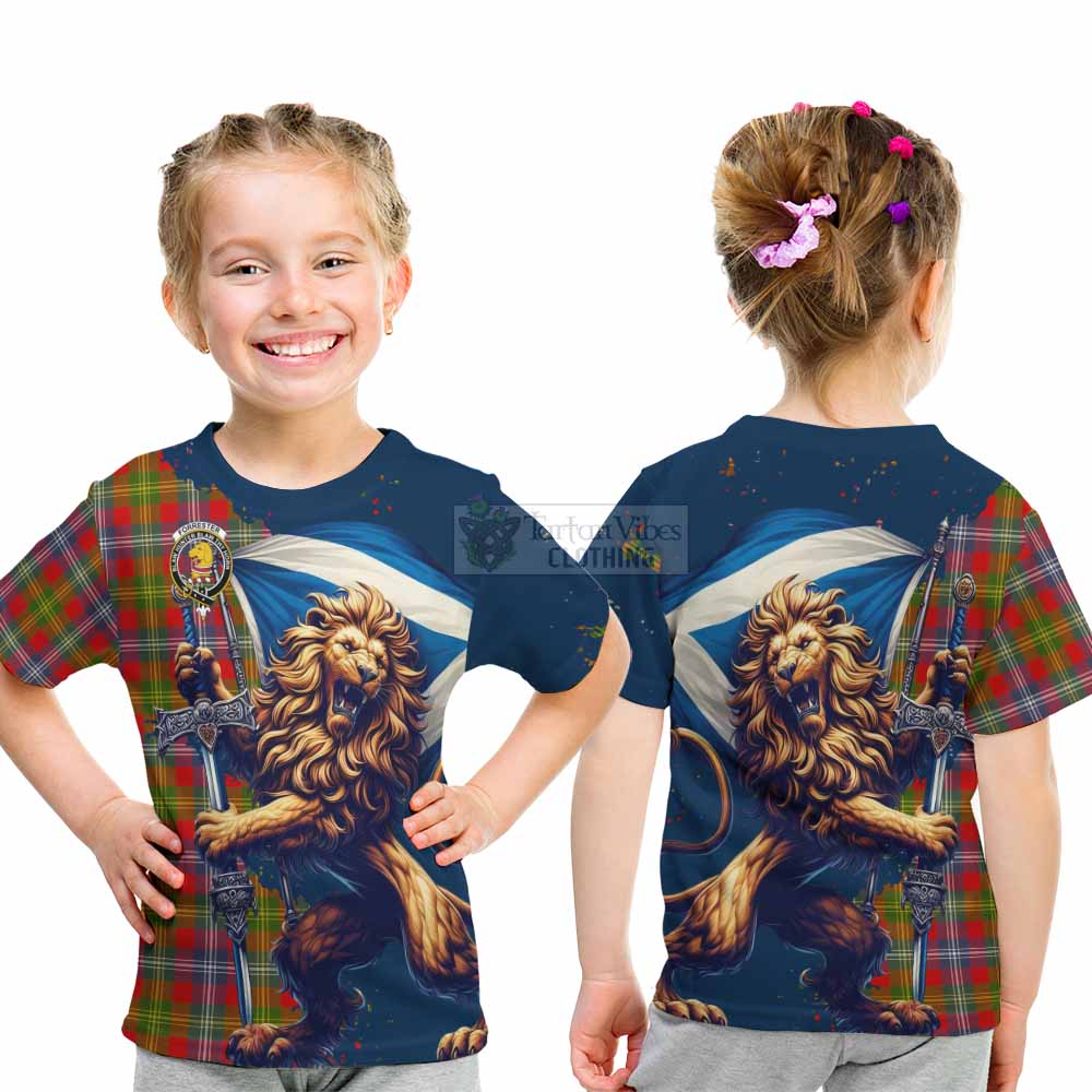 Tartan Vibes Clothing Forrester (Foster) Tartan Family Crest Kid T-Shirt with Scottish Majestic Lion