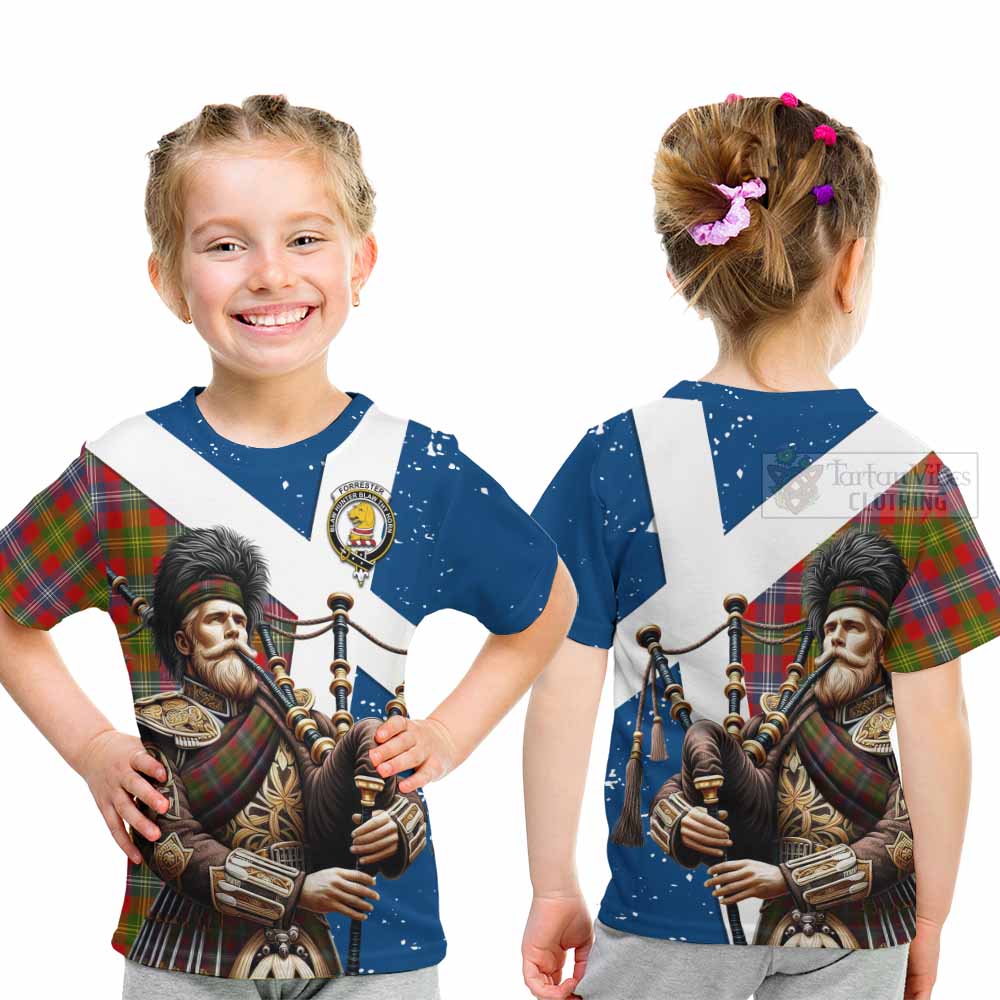 Tartan Vibes Clothing Forrester (Foster) Tartan Kid T-Shirt with Family Crest Scottish Bagpiper Vibes
