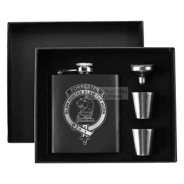 Tartan Vibes Clothing Forrester (Foster) Crest Hip Flask Set 7oz Black Stainless Steel with A Gift Box