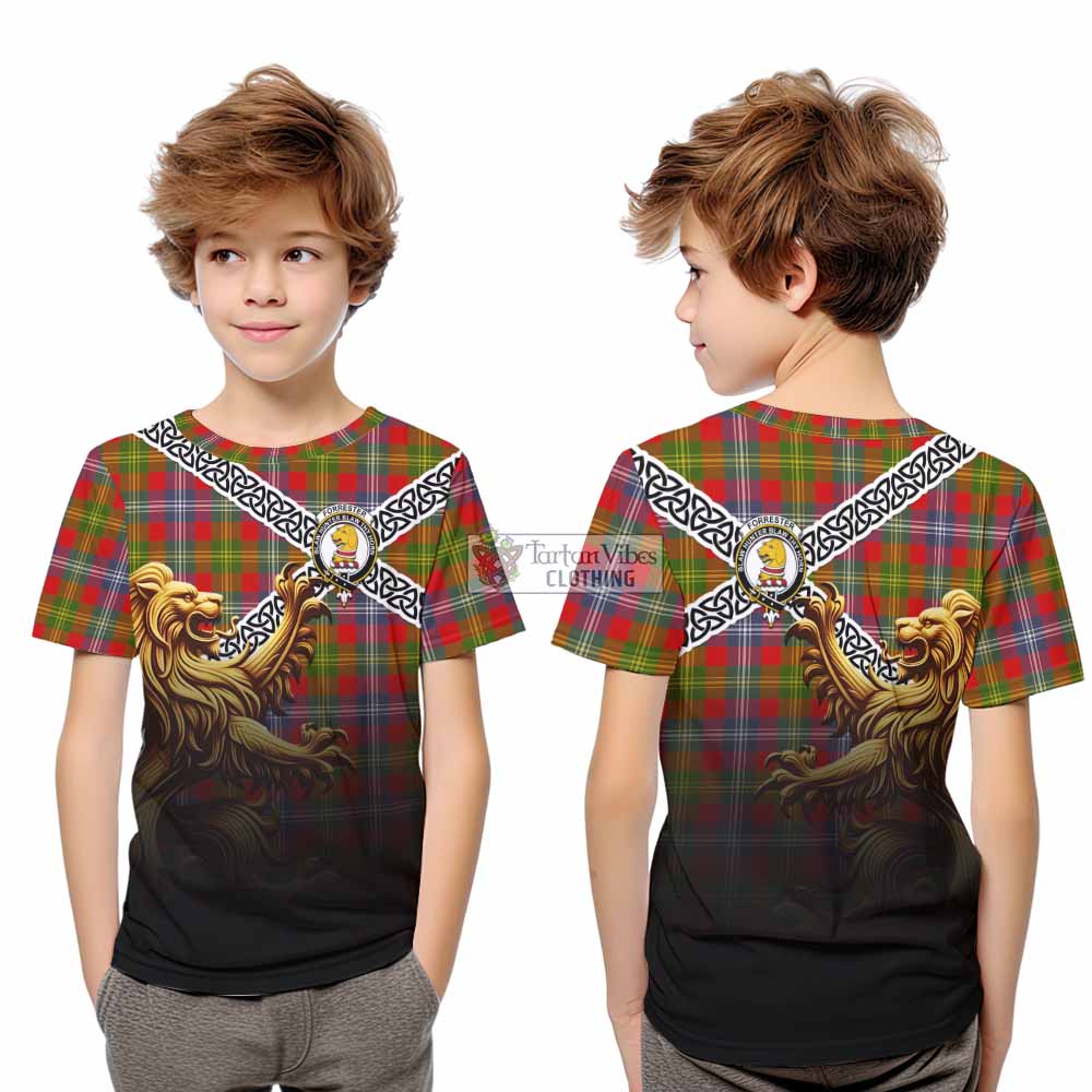 Tartan Vibes Clothing Forrester (Foster) Crest Tartan Kid T-Shirt with Golden Lion Emblem Celtic Style