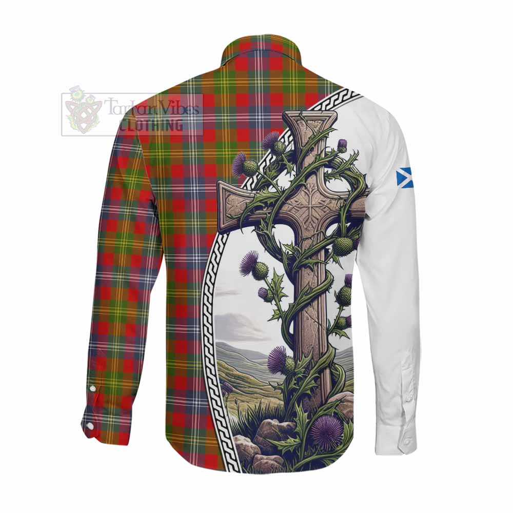 Tartan Vibes Clothing Forrester (Foster) Tartan Long Sleeve Button Shirt with Family Crest and St. Andrew's Cross Accented by Thistle Vines