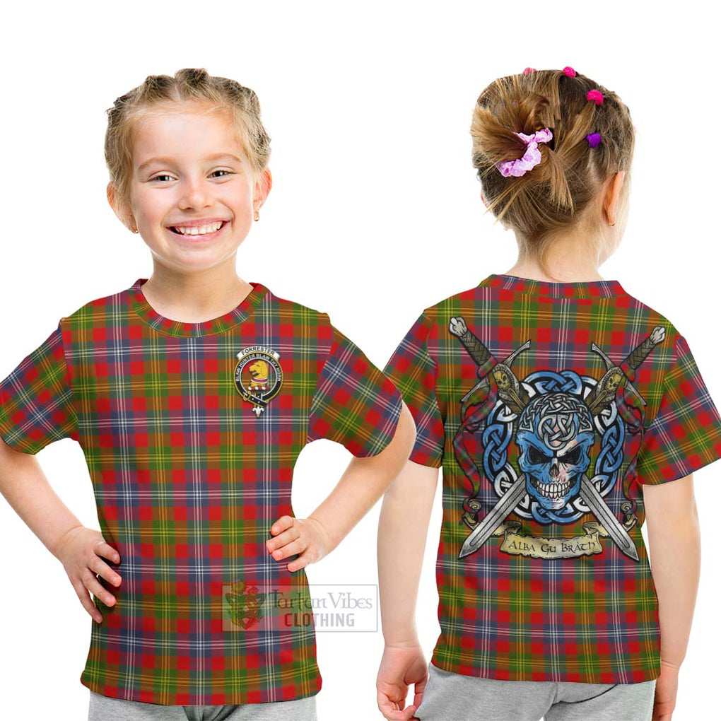 Tartan Vibes Clothing Forrester (Foster) Tartan Kid T-Shirt with Family Crest Celtic Skull Style