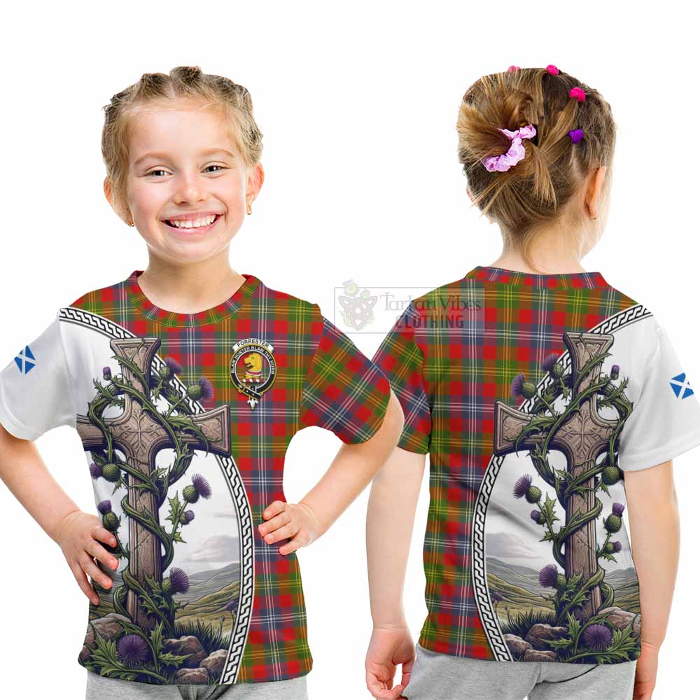 Tartan Vibes Clothing Forrester (Foster) Tartan Kid T-Shirt with Family Crest and St. Andrew's Cross Accented by Thistle Vines