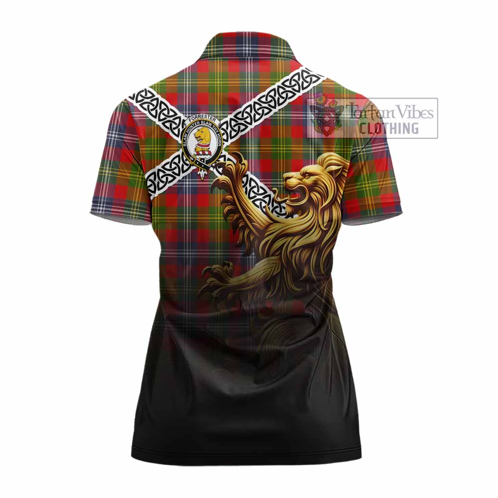 Tartan Vibes Clothing Forrester (Foster) Crest Tartan Women's Polo Shirt with Golden Lion Emblem Celtic Style