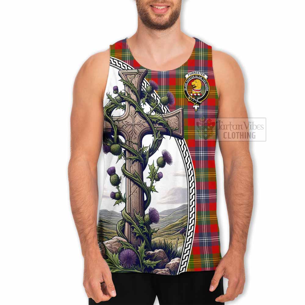 Tartan Vibes Clothing Forrester (Foster) Tartan Men's Tank Top with Family Crest and St. Andrew's Cross Accented by Thistle Vines