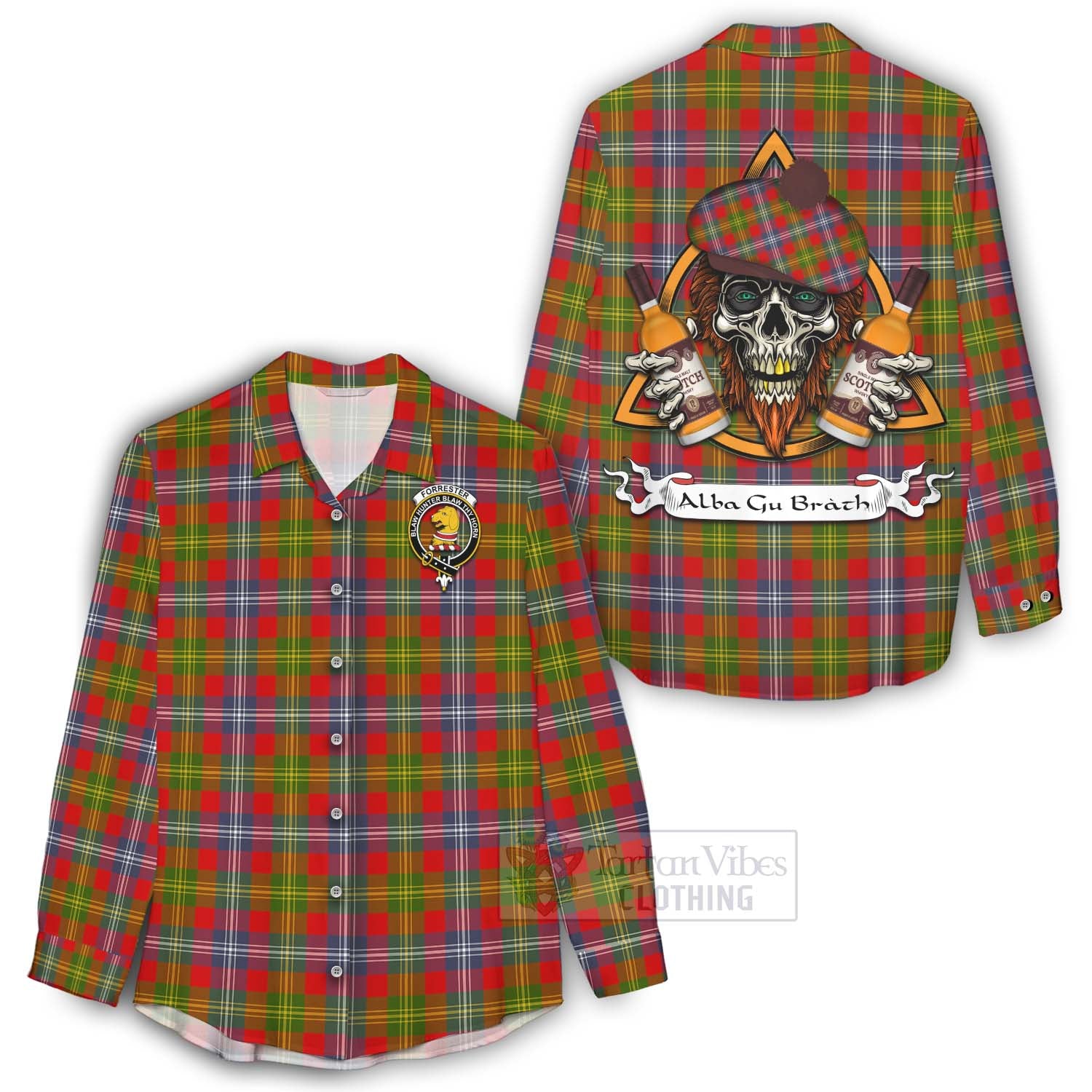 Tartan Vibes Clothing Forrester (Foster) Tartan Women's Casual Shirt with Family Crest and Bearded Skull Holding Bottles of Whiskey