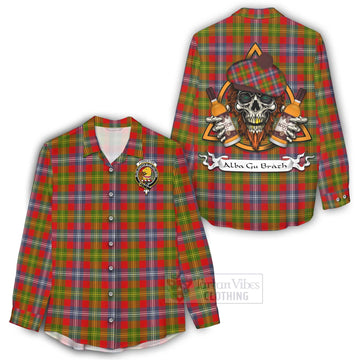 Tartan Vibes Clothing Forrester (Foster) Tartan Women's Casual Shirt with Family Crest and Bearded Skull Holding Bottles of Whiskey