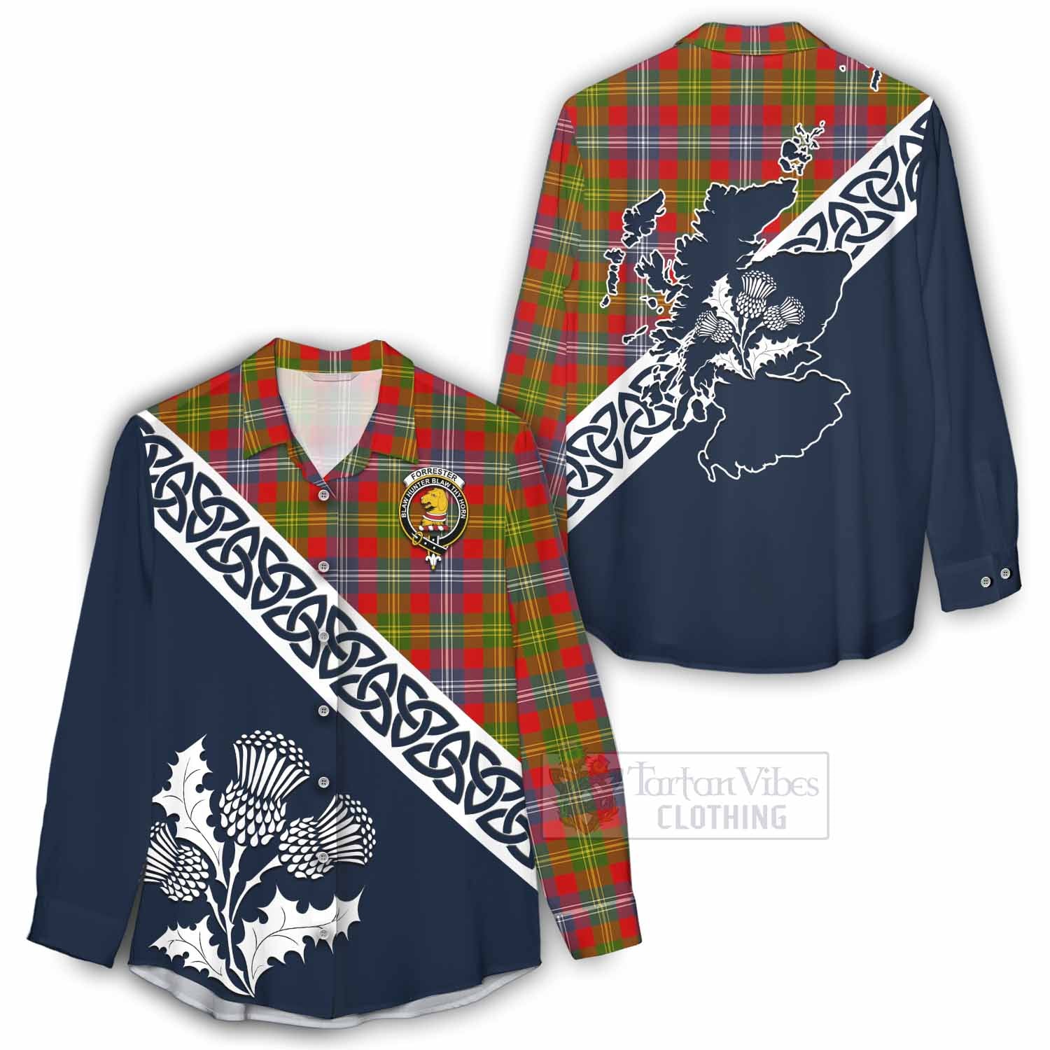 Tartan Vibes Clothing Forrester (Foster) Tartan Women's Casual Shirt Featuring Thistle and Scotland Map