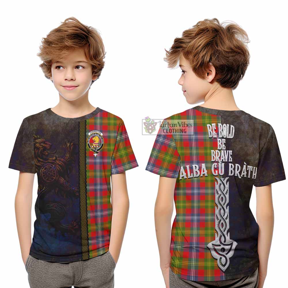 Tartan Vibes Clothing Forrester (Foster) Tartan Family Crest Kid T-Shirt Alba Gu Brath Be Brave Lion Ancient Style