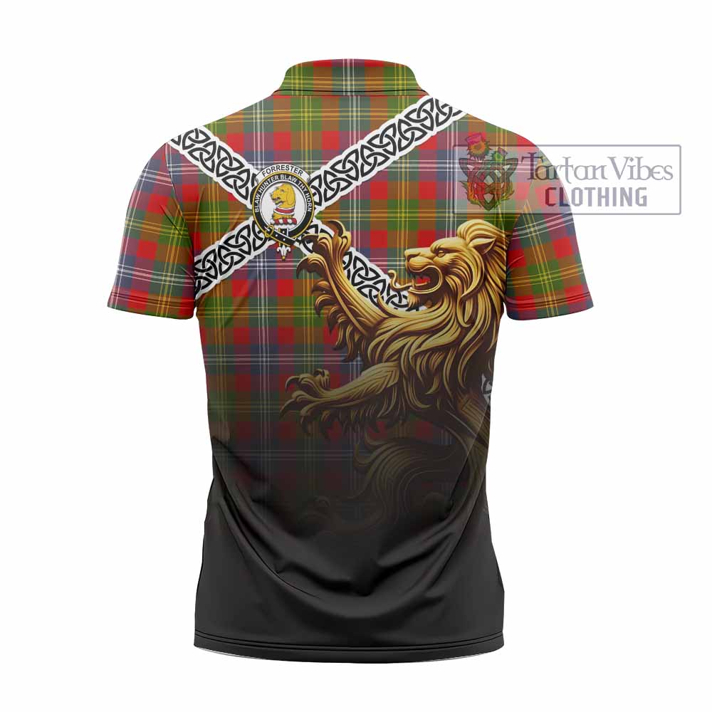 Tartan Vibes Clothing Forrester (Foster) Crest Tartan Zipper Polo Shirt with Golden Lion Emblem Celtic Style