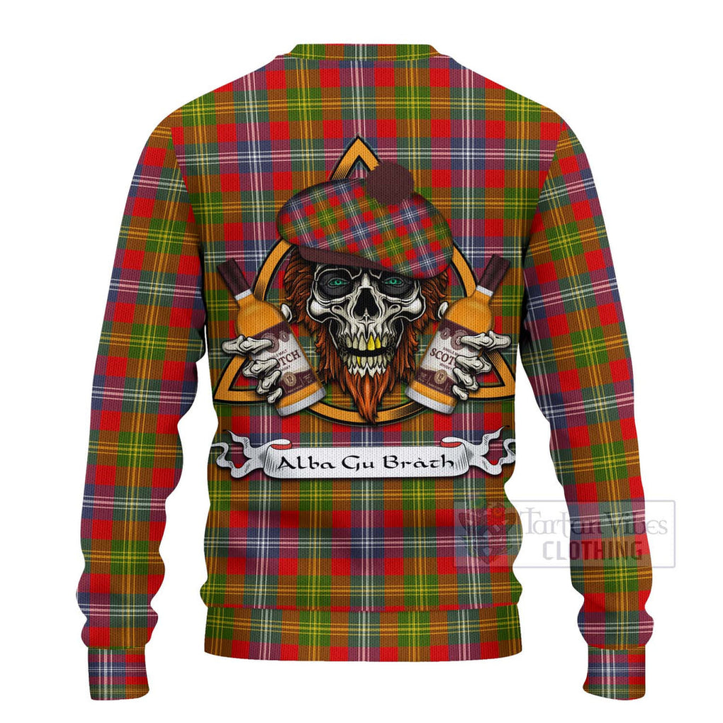 Tartan Vibes Clothing Forrester (Foster) Tartan Knitted Sweater with Family Crest and Bearded Skull Holding Bottles of Whiskey