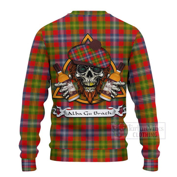 Tartan Vibes Clothing Forrester (Foster) Tartan Knitted Sweater with Family Crest and Bearded Skull Holding Bottles of Whiskey