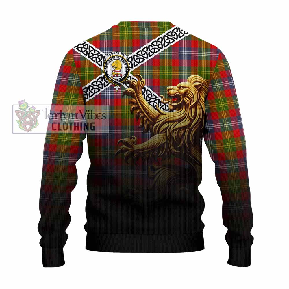 Tartan Vibes Clothing Forrester (Foster) Crest Tartan Knitted Sweater with Golden Lion Emblem Celtic Style