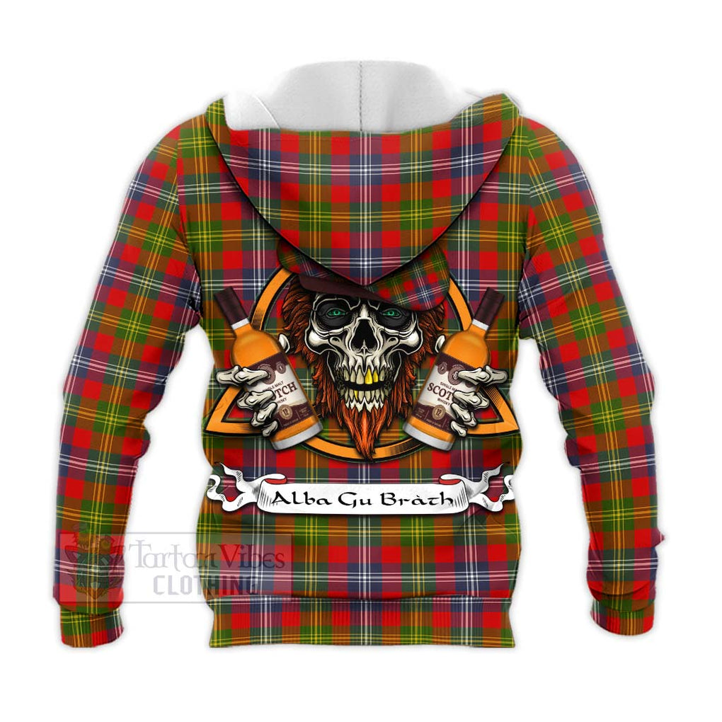 Tartan Vibes Clothing Forrester (Foster) Tartan Knitted Hoodie with Family Crest and Bearded Skull Holding Bottles of Whiskey