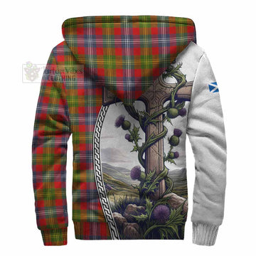 Forrester (Foster) Tartan Sherpa Hoodie with Family Crest and St. Andrew's Cross Accented by Thistle Vines