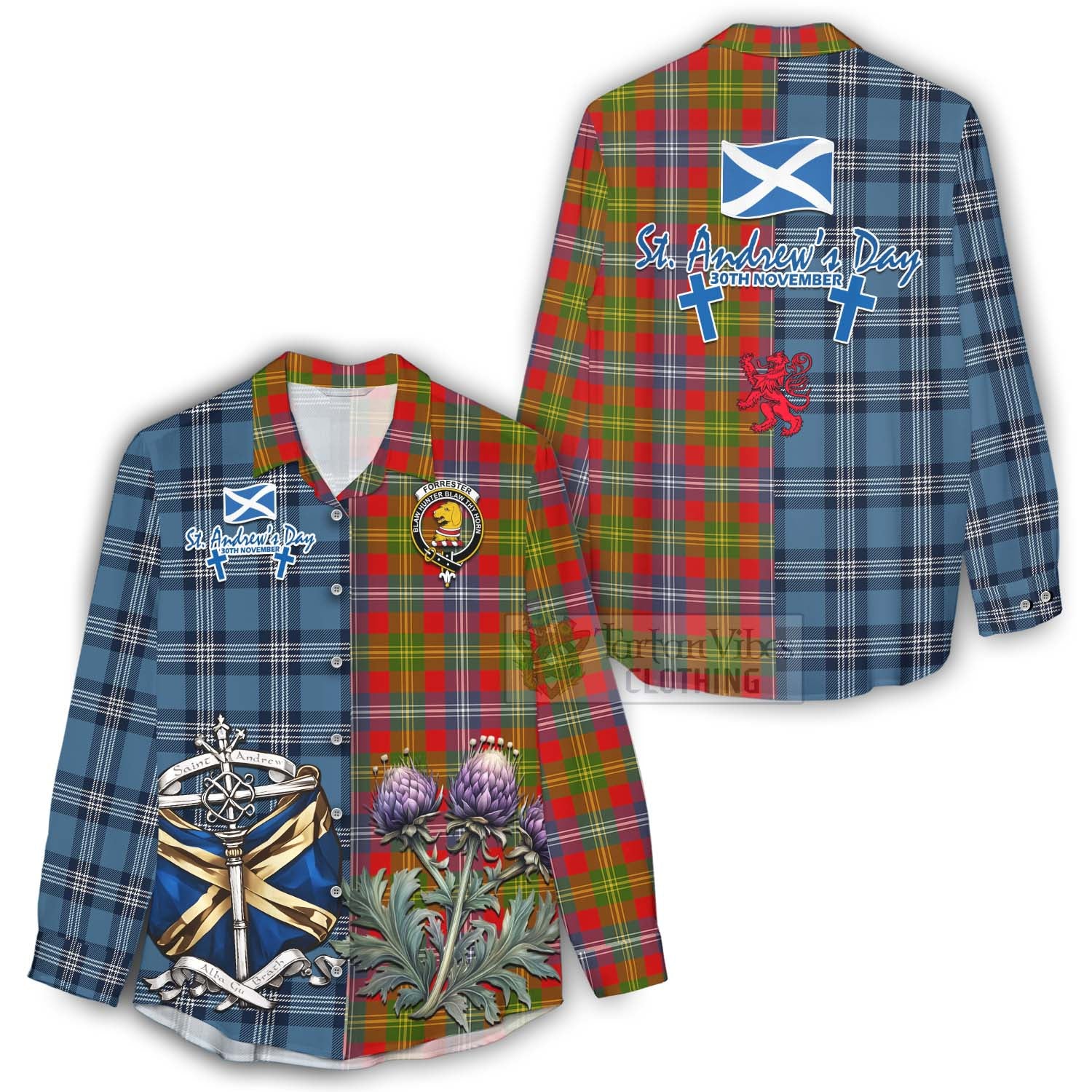 Tartan Vibes Clothing Forrester (Foster) Tartan Women's Casual Shirt Happy St. Andrew's Day Half Tartan Style