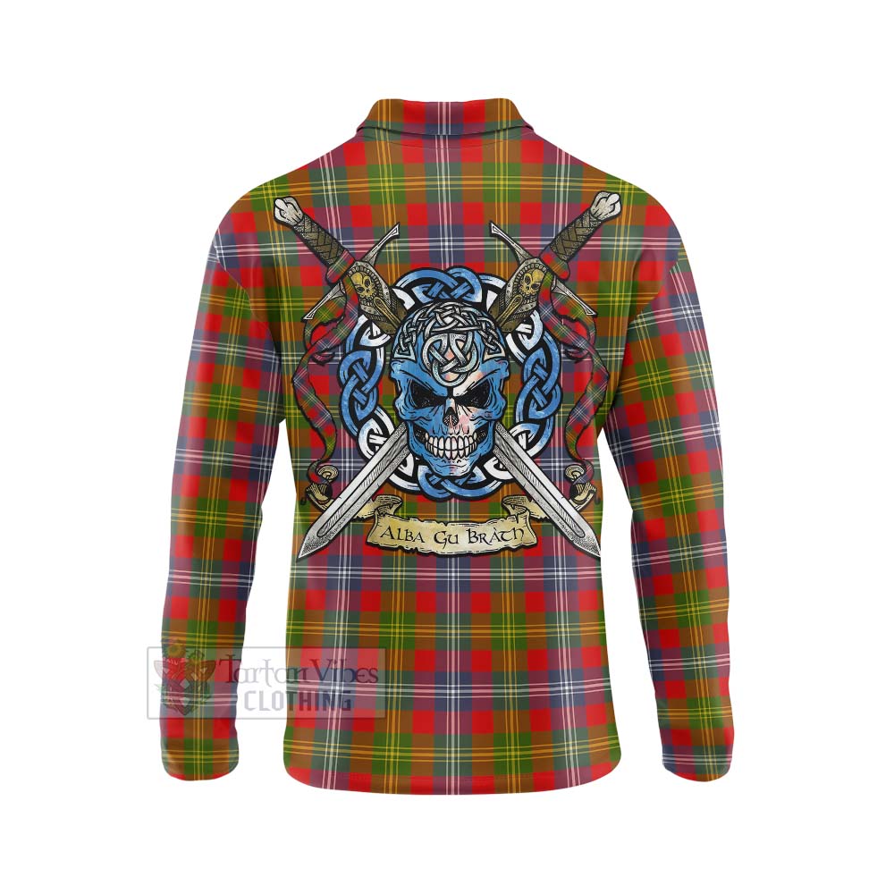 Tartan Vibes Clothing Forrester (Foster) Tartan Long Sleeve Polo Shirt with Family Crest Celtic Skull Style