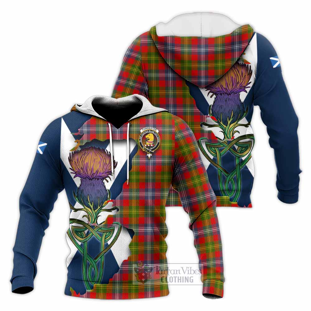 Tartan Vibes Clothing Forrester (Foster) Tartan Family Crest Knitted Hoodie Scottish Thistle Celtic Inspired