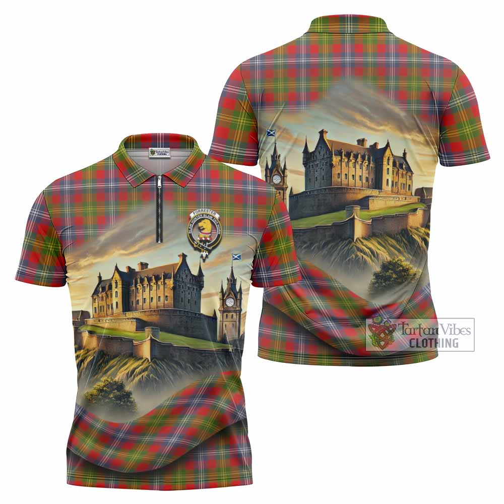 Tartan Vibes Clothing Forrester (Foster) Tartan Family Crest Zipper Polo Shirt with Scottish Ancient Castle Stype