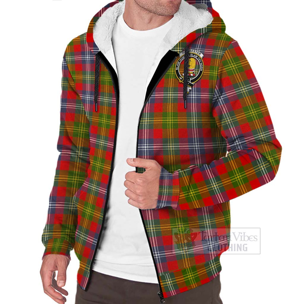 Tartan Vibes Clothing Forrester (Foster) Tartan Sherpa Hoodie with Family Crest and Bearded Skull Holding Bottles of Whiskey
