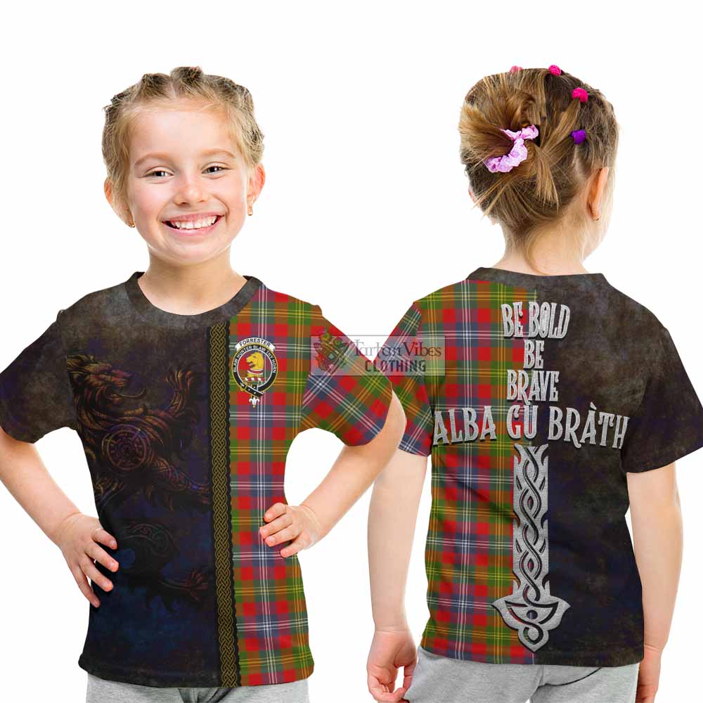 Tartan Vibes Clothing Forrester (Foster) Tartan Family Crest Kid T-Shirt Alba Gu Brath Be Brave Lion Ancient Style