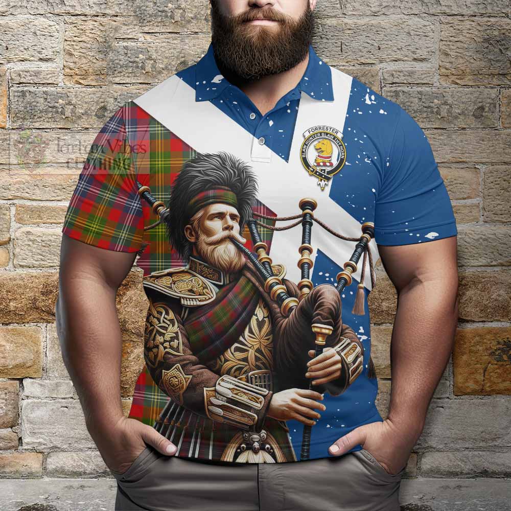 Tartan Vibes Clothing Forrester (Foster) Tartan Polo Shirt with Family Crest Scottish Bagpiper Vibes