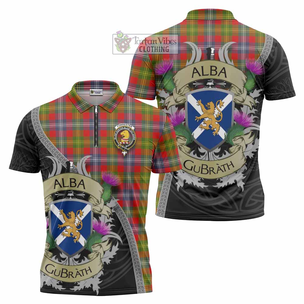 Tartan Vibes Clothing Forrester (Foster) Tartan Family Crest Zipper Polo Shirt Lion Rampant Royal Thistle Shield Celtic Inspired