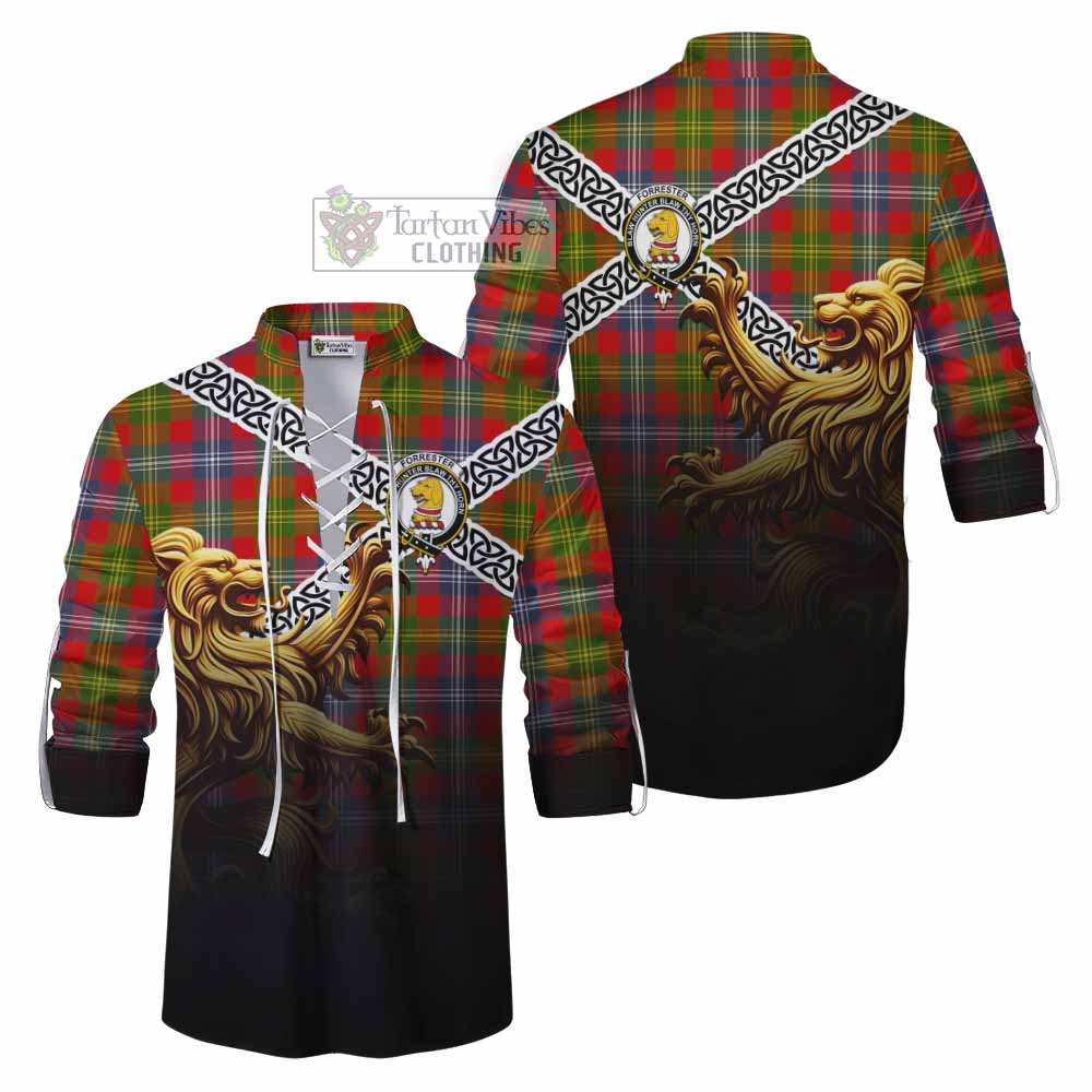 Tartan Vibes Clothing Forrester (Foster) Crest Tartan Ghillie Kilt Shirt with Golden Lion Emblem Celtic Style